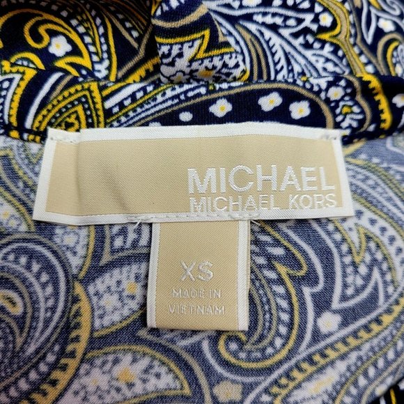 Michael Kors Cold Shoulder Sheath Dress Women's Size XS Navy Blue Yellow Paisley - Picture 5 of 7